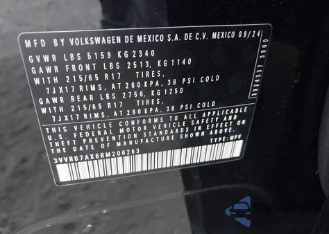 2024 Volkswagen Tiguan S из США, поврежденный, VIN 3VVRB7AX6RM206263